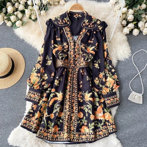 Fashion Spring Autumn Vintage V-neck Lantern Sleeve Dress s-xxl - Picture 3 of 7