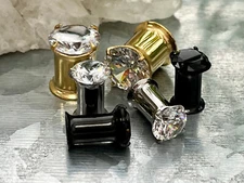 PAIR Large CZ Gem Double Flare Tunnels Ear Plug Gauges - Gold, Steel or Black