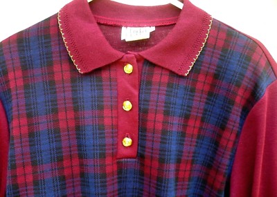 VTG 80S 90S CRICKET LANE L XL BURGUNDY BLUE PLAID WINTER POLO SHIRT SWEATER  LADY