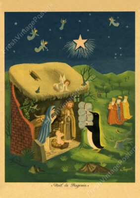 1949 Christmas manger scene with penguin Raymond Peynet new poster 18x24