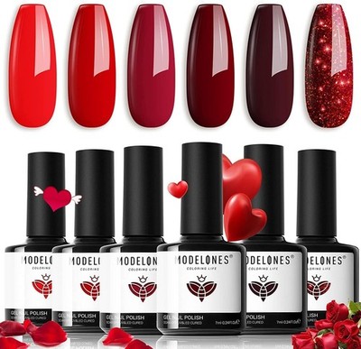 Modelones Gel Nagellack Set, 6 Farben Dunkelrot Glitzer 