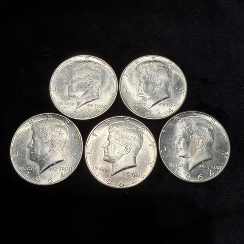 Lot of 5 Uncirculated 1964-P John F Kennedy Silver Half Dollar Coins