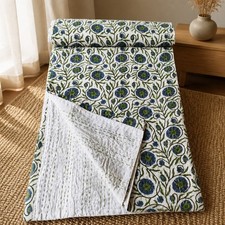Handmade Kantha Bedspread Block Print Quilt King Size Floral Bedcover