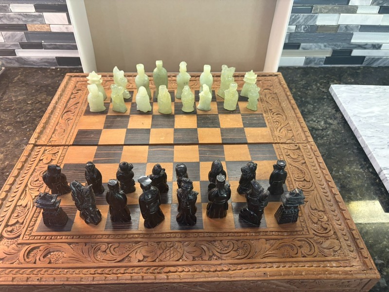 vintage jade chess set, 32 pieces, board included
