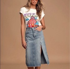 Free People We The Free 30 Mambo Denim Midi Skirt Button Fly Indigo Blue Raw Hem