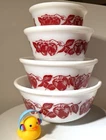 Vintage Hazel Atlas Glass 8 7 6 5 inch Red Strawberry Mixing Nesting Bowl Set