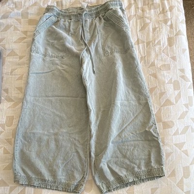 Womens Green Cotton Capri Pants w/ Pockets Elastic Waist Drawstring XL
