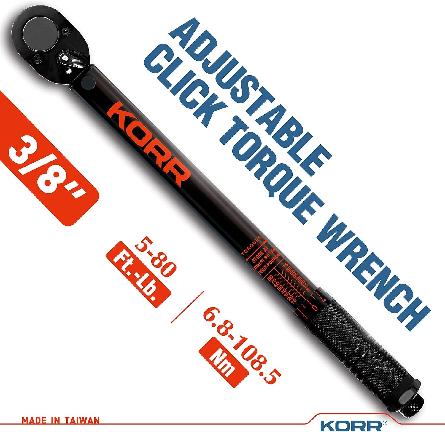 KORR Tools KTW002 3/8-Inch Drive Click Torque Wrench (5-80 Black,orange 