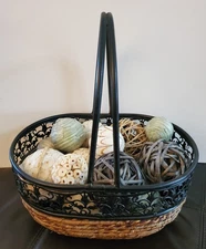 Metal and Wicker Basket With 17 Decorative Nature Filler Balls Various Sizes