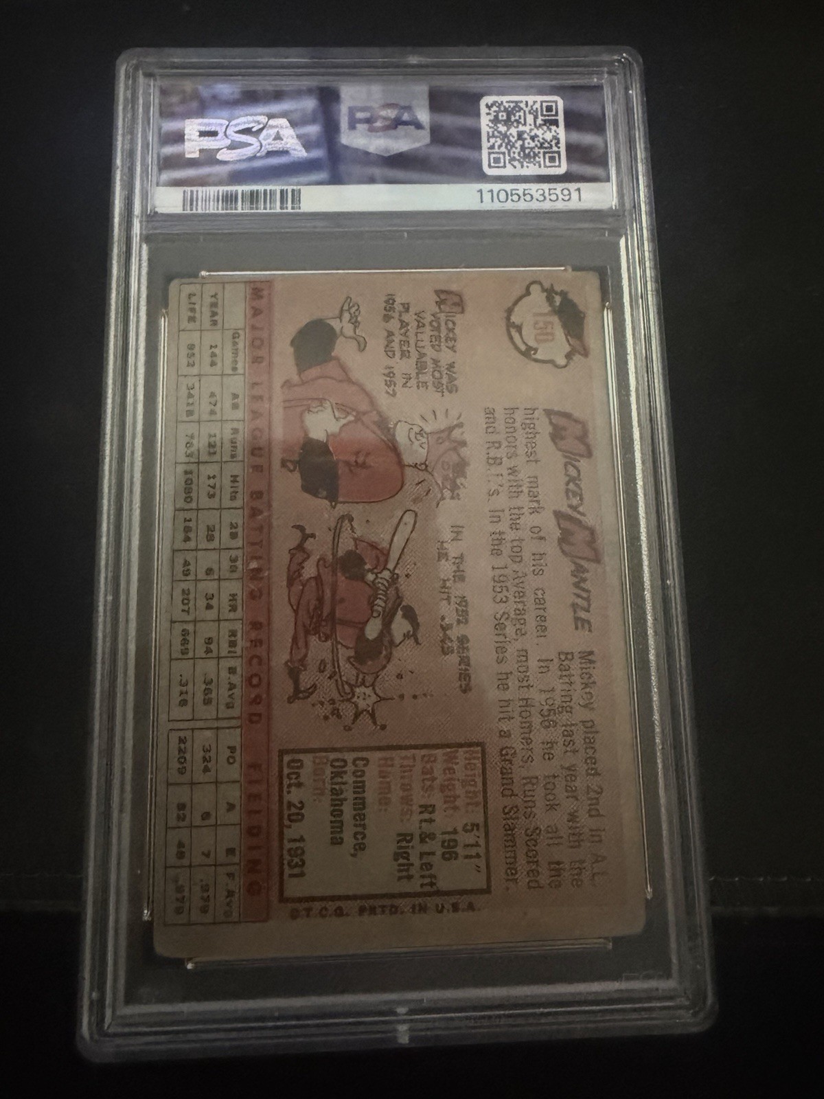 1958 TOPPS #150 MICKEY MANTLE PSA 1.5 view 2