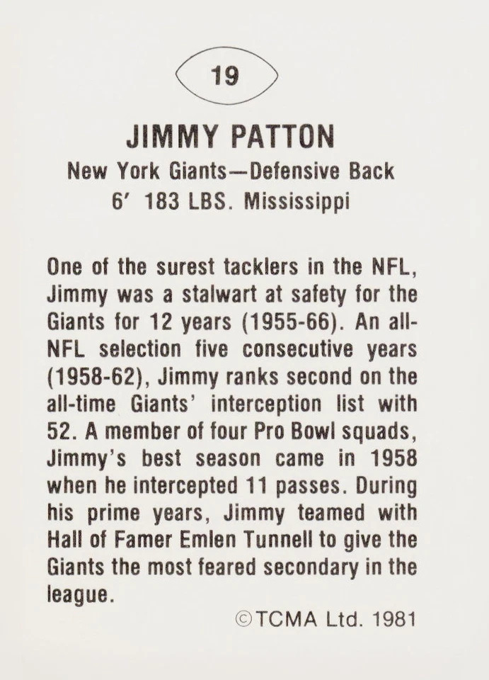 1981 TCMA Greats #19 Jimmy Patton New York Giants - Image 2 of 2