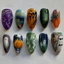 30Pcs Halloween Press on Nails Medium Almond Fake Nails with Horror Ghost Design