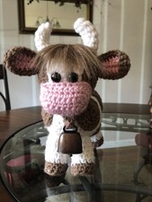 HAND CROCHETED-- Brown white BABY COW W/ Cow Bell -9" Tall-BRAND NEW---AMIGURUMI