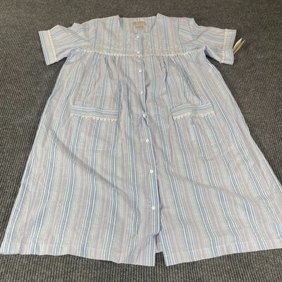 Intimate Essentials Pajama Night Gown Womens 1X Blue Striped Button Up Pockets