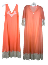 36 60s 70s 2 Pc Neon Coral Chiffon Nylon Nightgown Robe Peignoir Set Lace