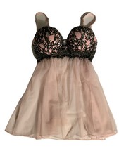 Victoria s Secret Chemise Slip Nightgown Pink Sheer Dk Gray Floral Lace 34B EUC