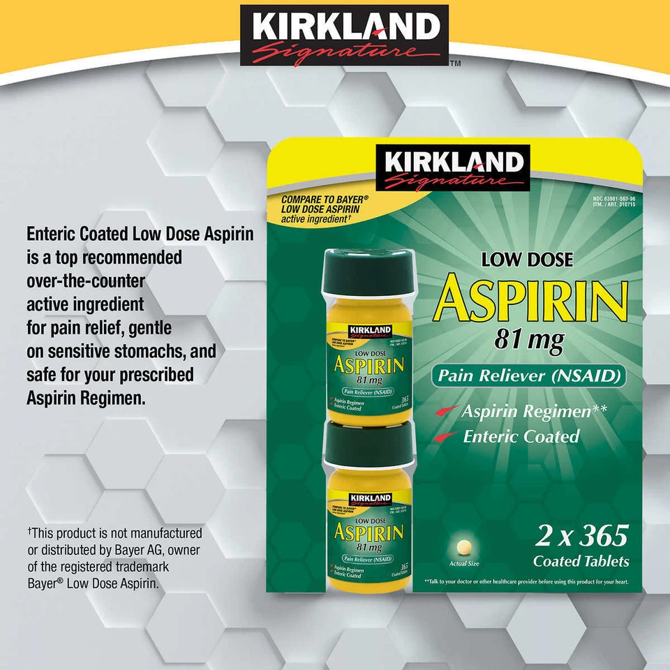 Kirkland Signature Low Dose Aspirin 81mg 730 Tablets 365 Ct 2-Pack (EXP-11/2027) - Image 2 of 3