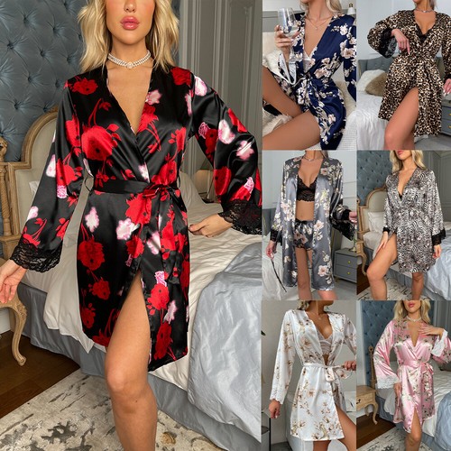 Women Satin Silk Lace Lingerie Robe Kimono Dressing Gown Sleepwear Bathrobe PJs