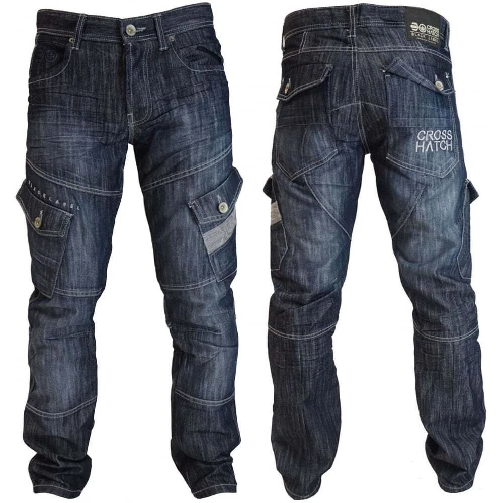 New Crosshatch Combat Jeans Cargo Denim Work Tough Darkwash Pants Trousers BNWT
