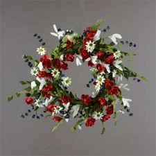 New Americana Patriotic Daisy Rose RED WHITE BLUE FLORAL Wreath 21"
