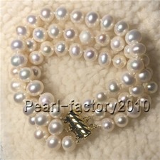 Three floors SOUTH SEA AAA 9-8 MM WHITE PEARL BRACELET 7.5-8 " 14K GOLD CLASP