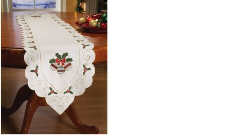Christmas in July Dinner Table Decor Holly & Ornament Linen Runner 69"x12.5" - Afbeelding 1 van 2