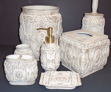7 PC SET VICTORIAN BEIGE+GOLD DISPENSER+TISSUE+TRASH CAN+TOOTH+DISH+TUMBLER+1