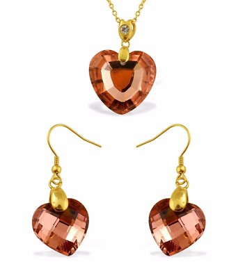 Heart Pendant and Earrings Set  Pink Austrian Crystal  VALENTINE'S DAY