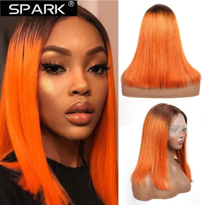 Human hair blend orange red Ombré Bob wig Human Hair Bob Wig - Ginger Orange, Brazilian Straight Lace  main image 3