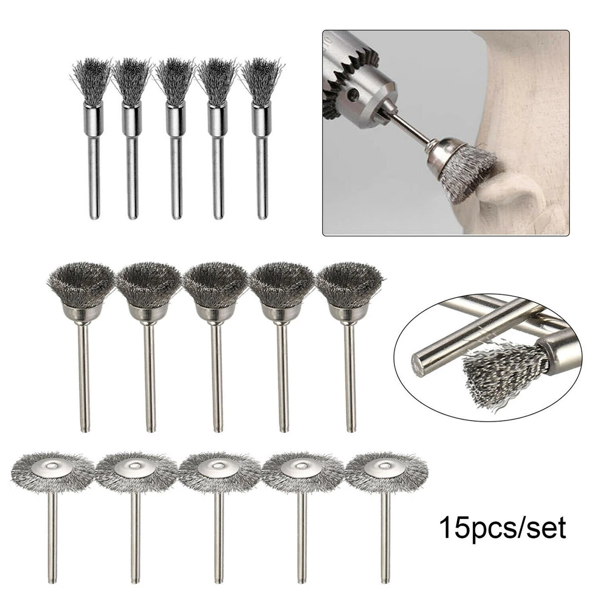 15PCS Wire Brush Wheel Polishing Rust Removal Tool Dremel Attachments Shank  3mm