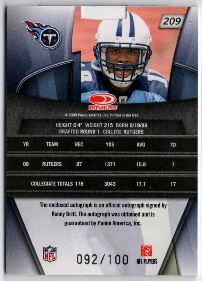 2009 Gridiron Gear Kenny Britt Rookie Jersey Autograph /100 - Image 2 of 2