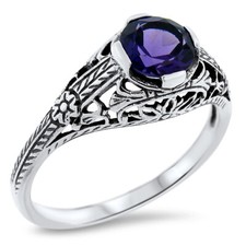 GENUINE AMETHYST 925 STERLING SILVER DECO ANTIQUE STYLE SOLITAIRE RING   570z