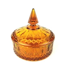 Amber Indiana Glass Princess Pattern Covered Candy Dish Vintage USA