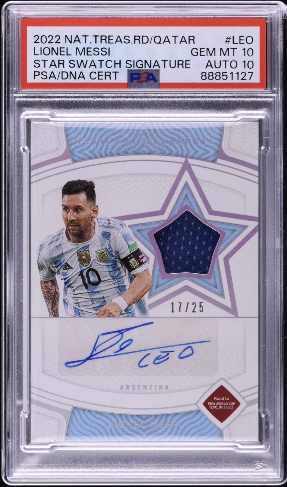2022 National Treasures FIFA WC Star Lionel Messi PATCH AUTO /25 PSA 10 POP 1