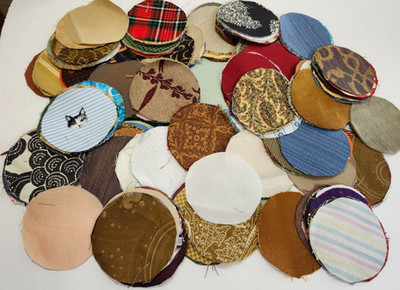 SCRAP FABRIC MOSTLY COTTON - 3 1/2'' CIRCLES - SOME DUPLICATES   -200+