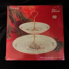  Vintage International China Country Christmas 2-Tier Tidbit Tray  with Box