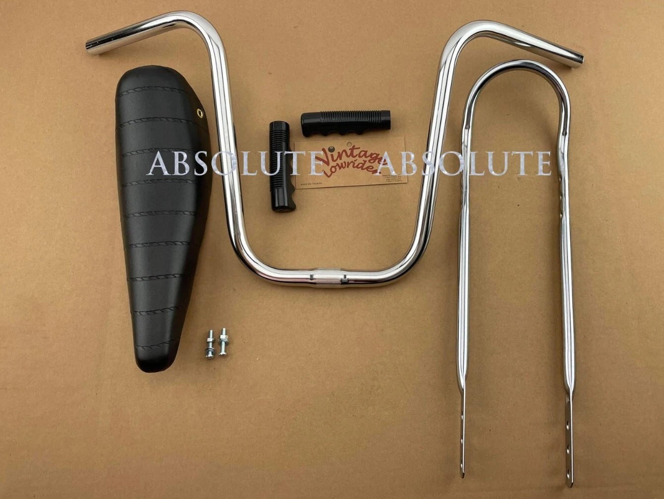 ORIGINAL LOWRIDER Chrome U Shape Handlebar 25.4mm + Sissy Bar Banana Seat Grips.