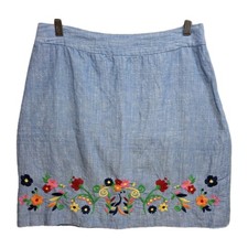 Talbots Floral Embroidered Linen Skirt Womens 2 Cottagecore Chambray Blue Cute