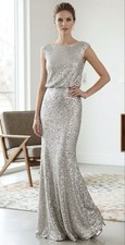 Davids Bridal Silver Sequin Gown Blouson Size XS NEW Barbie Core Glam Baddie