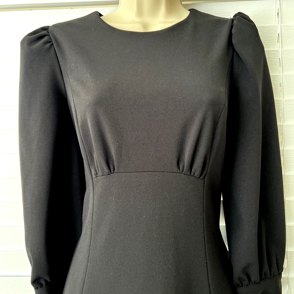 Calvin Klein Scuba Crepe Midi A-Line Puckered 3/4 Sleeve Black Zip  Sz 4 Dress - Image 3 of 4