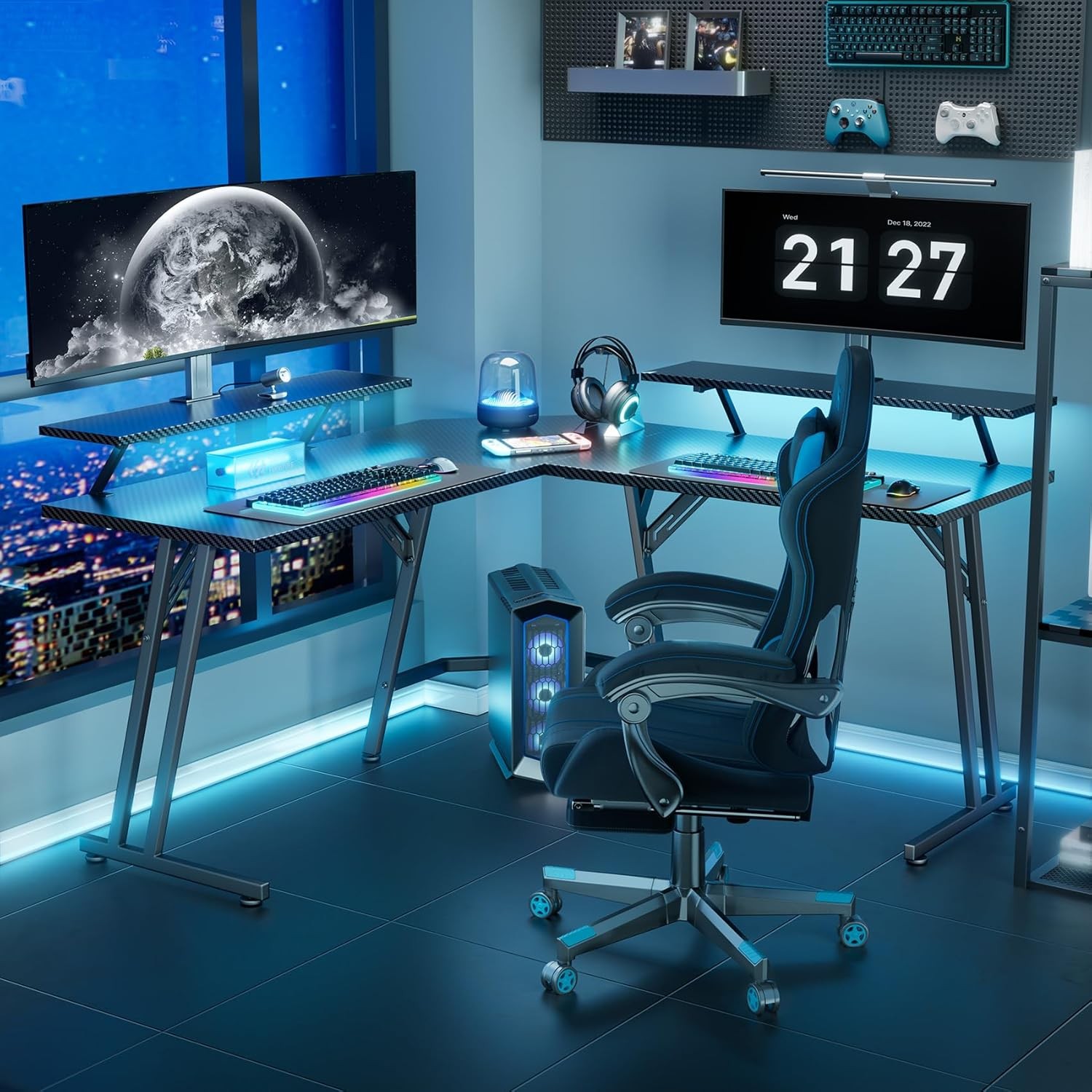 51 Inch L Shaped Gaming Desk with LED Light, Corner Desk with 2 Monitor Stands