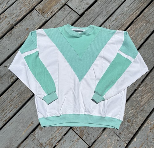 Vintage Color Block Crewneck Sweatshirt 90s Small White Teal V 80s Pullover