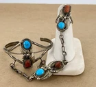 Vintage Native American Sterling Silver Turquoise & Coral Slave Bracelet & Ring