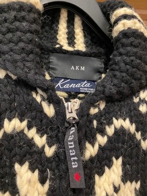 AKM KANATA Cowichan Knit Cardigan M Geometric Zip Hoodie Black