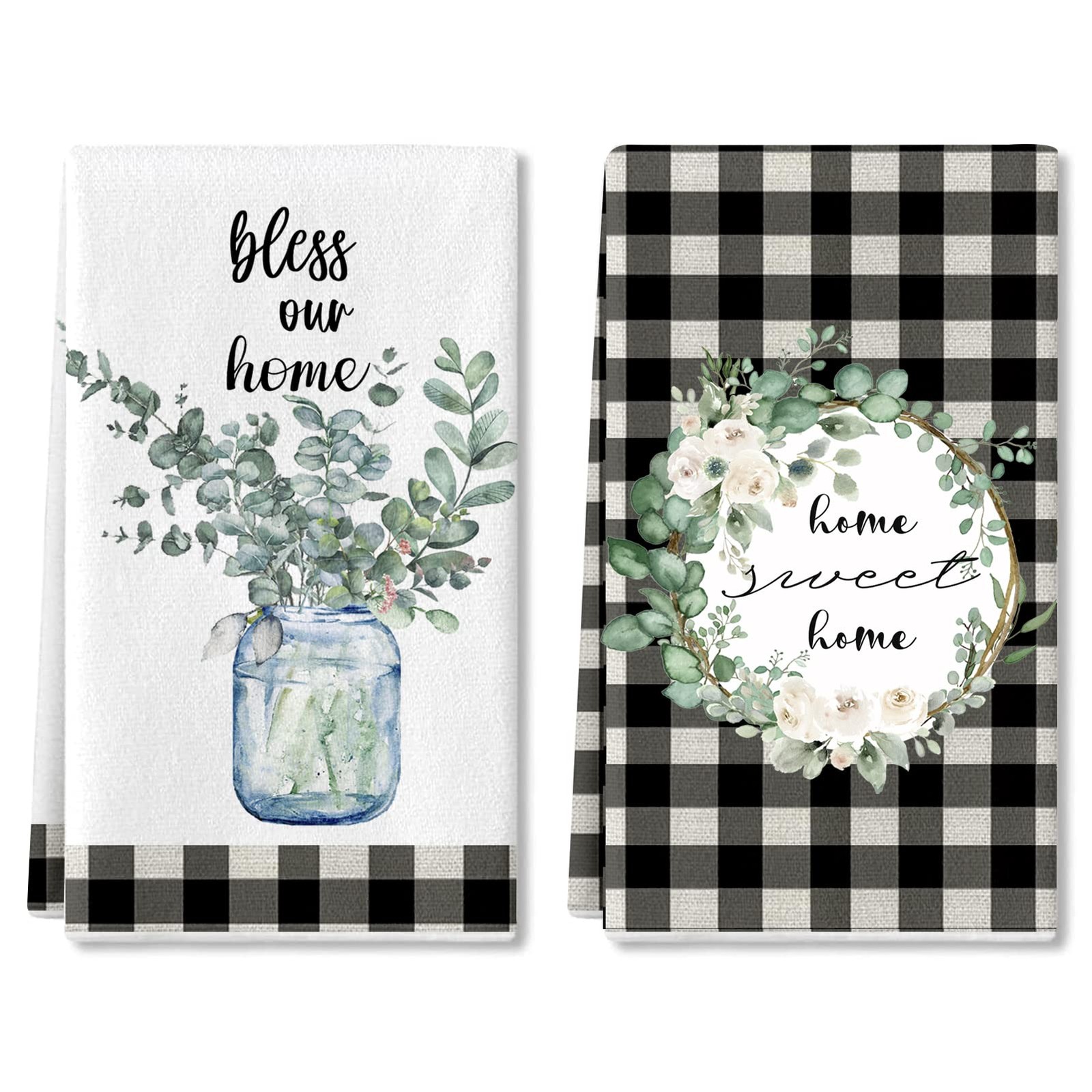 Eucalyptus Leaves Kitchen Towels 2-Pack with Home Sweet Home Design