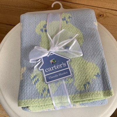 NWT 2004 Carters Chenille Baby Blanket Bear Giraffe Stars Blue Green Rare 30x30