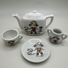 Vintage Porcelain Childrens Toy Tea Set 5 Pieces Boy Girl With Dog Japan Cups