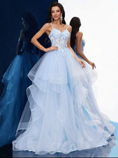 Blue Sleeveless Spaghetti Strap Tiered Tulle Bridesmaid Formal Gown Corset Back