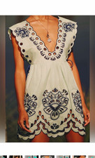 NWT FARM RIO Brazil Light Green/Navy Tropi Eyelet Mini Dress S