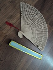 Wooden Foldable Hand Fan with Red Tassel - Storage Box Included